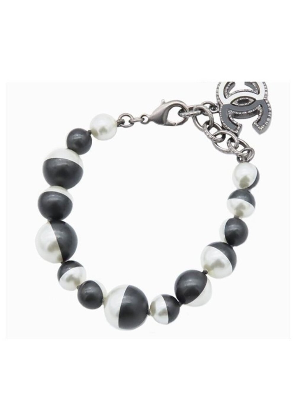 Chanel CC Logo Motif Pearl Bracelet Gray Metal Costume